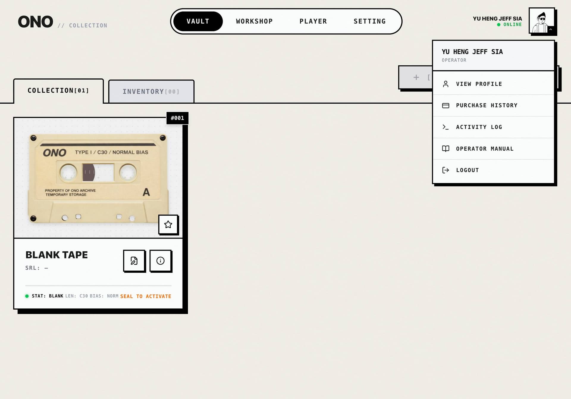 Logged-in top navigation with avatar menu open and Vault button